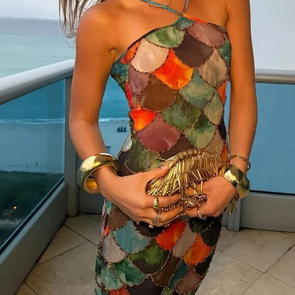 Gorgeous Multicolor Fishscale Maxi Dress  M - Picture 6 of 10